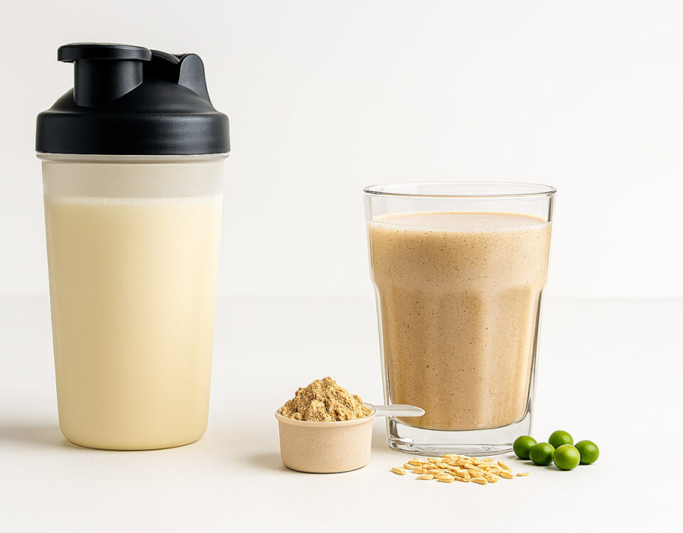 Two protein shakes, one in a shaker bottle and one in a glass, with protein powder and melon seeds.
