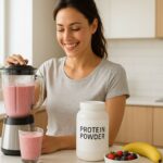 Woman making a protein smoothie in a blender with fresh fruit and protein powder.