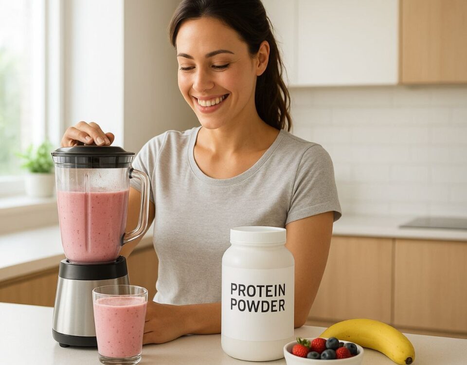 Woman making a protein smoothie in a blender with fresh fruit and protein powder.