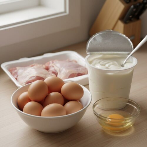 Budget-Friendly Protein Options: Raw chicken thighs, a bowl of brown eggs, an open container of yogurt, and a separated egg yolk, displayed on a kitchen counter.