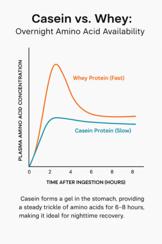 Casein for nighttime recovery: A graph illustrating slow-digesting casein protein's sustained amino acid release compared to fast-digesting whey protein over 8 hours.