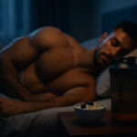 Muscular man sleeping soundly at night, with a 'CASEIN' protein shaker bottle and a bowl of cottage cheese with blueberries on his bedside table, emphasizing nighttime muscle recovery.
