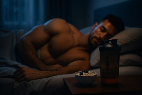 Muscular man sleeping soundly at night, with a 'CASEIN' protein shaker bottle and a bowl of cottage cheese with blueberries on his bedside table, emphasizing nighttime muscle recovery.