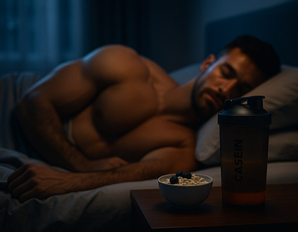 Muscular man sleeping soundly at night, with a 'CASEIN' protein shaker bottle and a bowl of cottage cheese with blueberries on his bedside table, emphasizing nighttime muscle recovery.