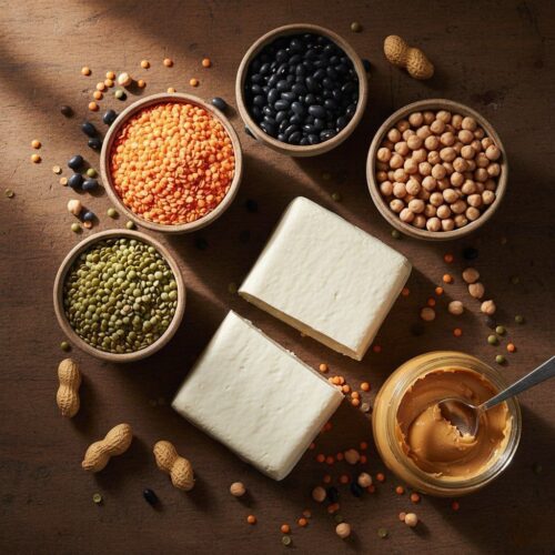 Budget-Friendly Protein Options: An overhead view of various plant-based proteins including red lentils, green lentils, black beans, chickpeas, two blocks of tofu, and peanut butter, arranged on a rustic wooden table.