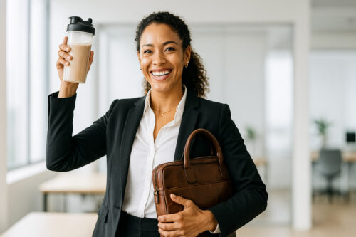 Protein shakes for busy professionals: Smiling woman in business attire holding a shaker bottle and brown leather briefcase in a modern office.