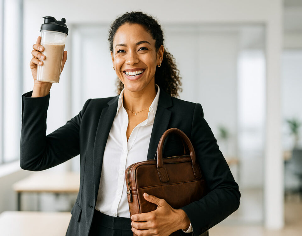 Smiling professional woman in a black suit holding a protein shake bottle and a brown leather briefcase in a modern office setting.