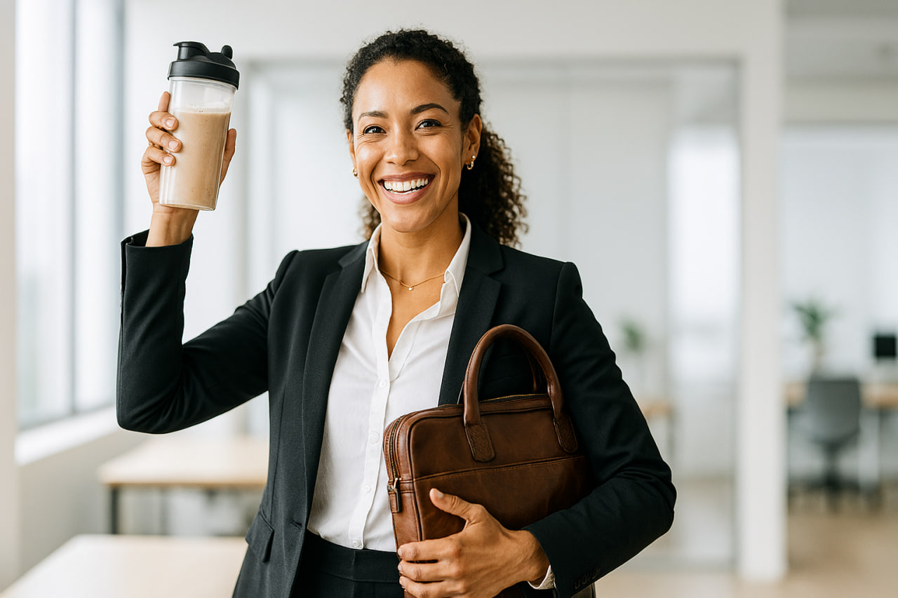 Smiling professional woman in a black suit holding a protein shake bottle and a brown leather briefcase in a modern office setting.