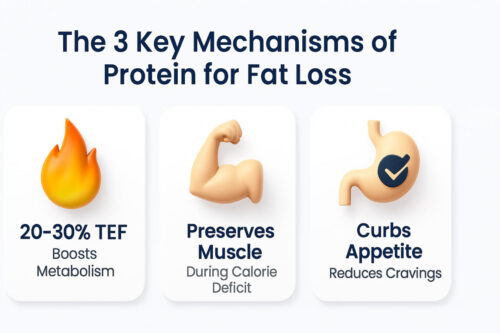 Infographic showing the 3 key mechanisms of protein for fat loss: boosts metabolism (20-30% TEF), preserves muscle during calorie deficit, and curbs appetite reducing cravings.