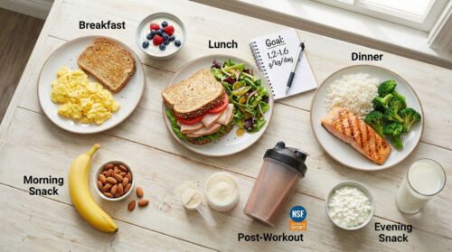 Is Protein Powder Safe for Teens? A balanced daily meal plan showing high-protein whole foods for breakfast, lunch, dinner, and snacks, alongside a post-workout protein shake with an NSF Certified for Sport label, illustrating safe and adequate protein intake for active teenagers. A goal of 1.2-1.6 g/kg/day is noted.