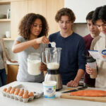 Is Protein Powder Safe for Teens? Teenagers in a modern kitchen preparing a protein shake, with one teen reading an 'NSF Certified for Sport' label, and a parent observing. Natural protein sources like eggs, Greek yogurt, salmon, and almonds are on the counter, emphasizing informed choices.