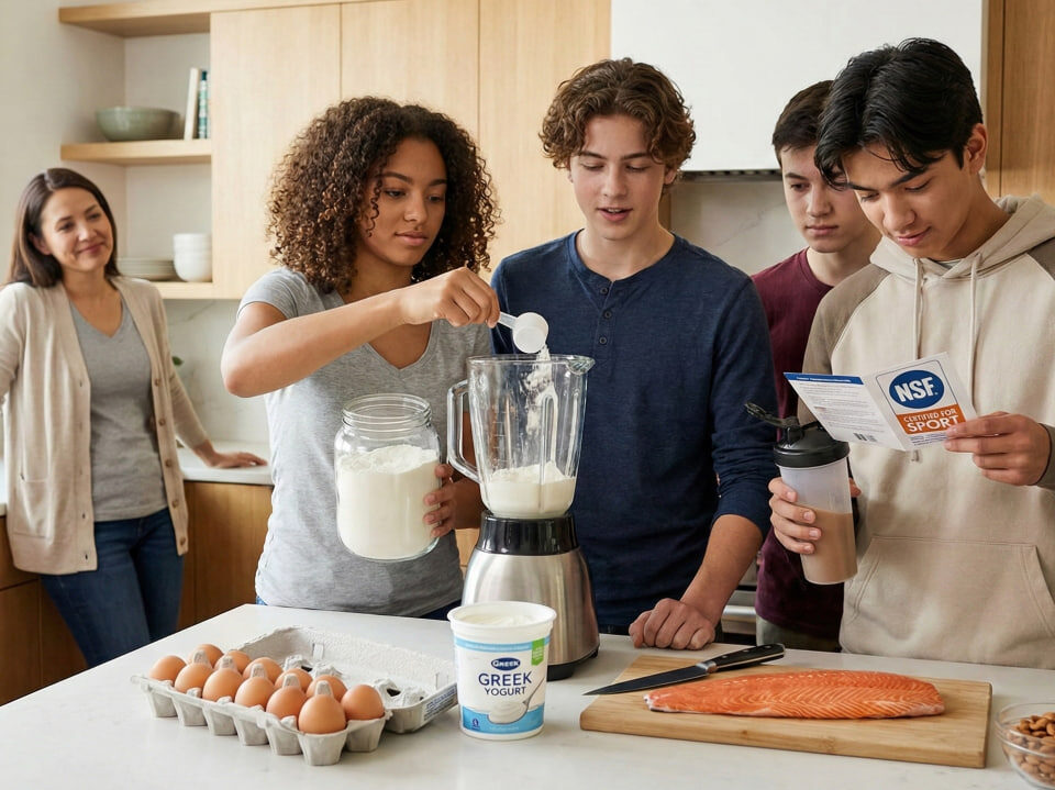 Is Protein Powder Safe for Teens? Teenagers in a modern kitchen preparing a protein shake, with one teen reading an 'NSF Certified for Sport' label, and a parent observing. Natural protein sources like eggs, Greek yogurt, salmon, and almonds are on the counter, emphasizing informed choices.