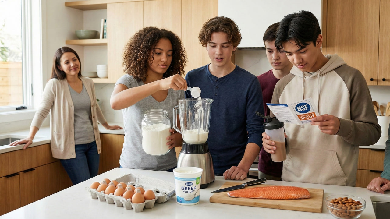Is Protein Powder Safe for Teens? Teenagers in a modern kitchen preparing a protein shake, with one teen reading an 'NSF Certified for Sport' label, and a parent observing. Natural protein sources like eggs, Greek yogurt, salmon, and almonds are on the counter, emphasizing informed choices.