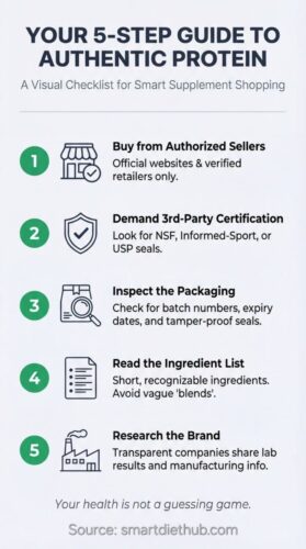 Infographic titled "Your 5-Step Guide to Authentic Protein," outlining steps like buying from authorized sellers, demanding 3rd-party certification, inspecting packaging, reading ingredients, and researching the brand.