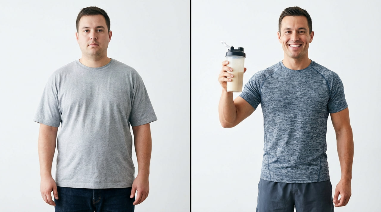 Before and after weight loss transformation: man on left is heavier, on right is fit and smiling while holding a protein shake