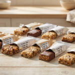 Variety of protein bars arranged on a wooden table with visible nutrition labels showing different amounts of protein, sugar, and fiber – illustrating how to choose the best protein bars for your goals