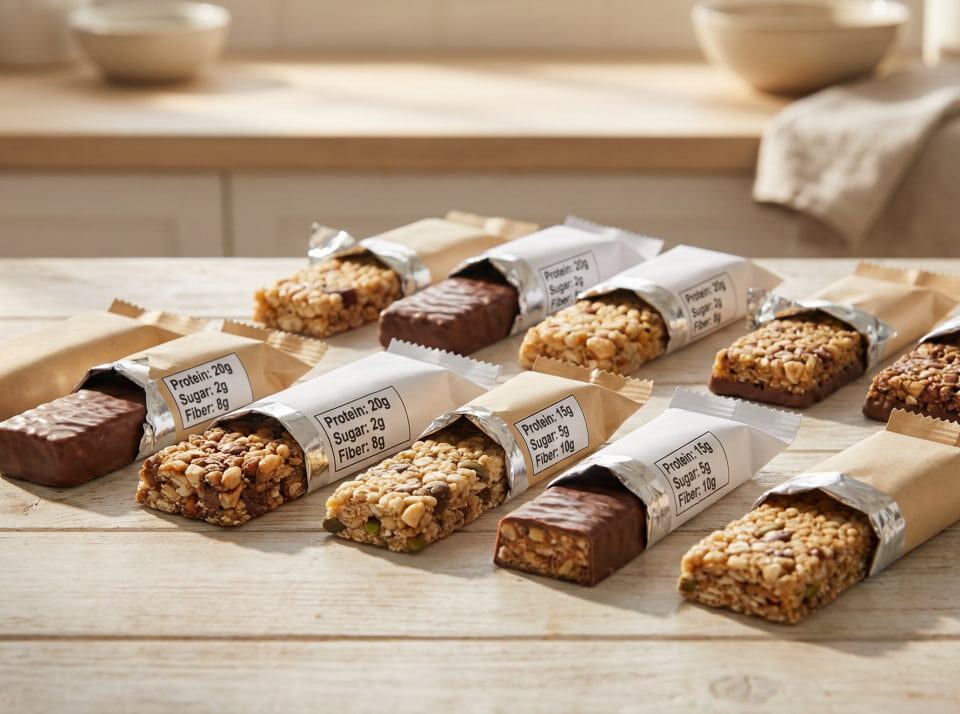 Variety of protein bars arranged on a wooden table with visible nutrition labels showing different amounts of protein, sugar, and fiber – illustrating how to choose the best protein bars for your goals