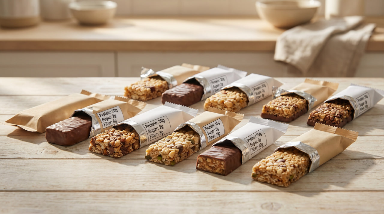 Variety of protein bars arranged on a wooden table with visible nutrition labels showing different amounts of protein, sugar, and fiber – illustrating how to choose the best protein bars for your goals