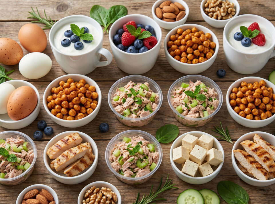 Assortment of budget-friendly high-protein snacks including eggs, Greek yogurt with berries, roasted chickpeas, canned tuna salad, grilled chicken, and tofu on a wooden table