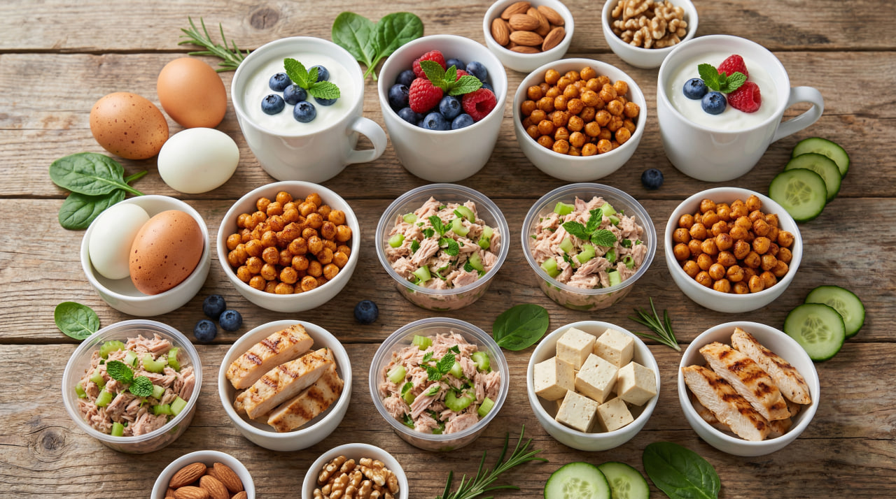 Assortment of budget-friendly high-protein snacks including eggs, Greek yogurt with berries, roasted chickpeas, canned tuna salad, grilled chicken, and tofu on a wooden table