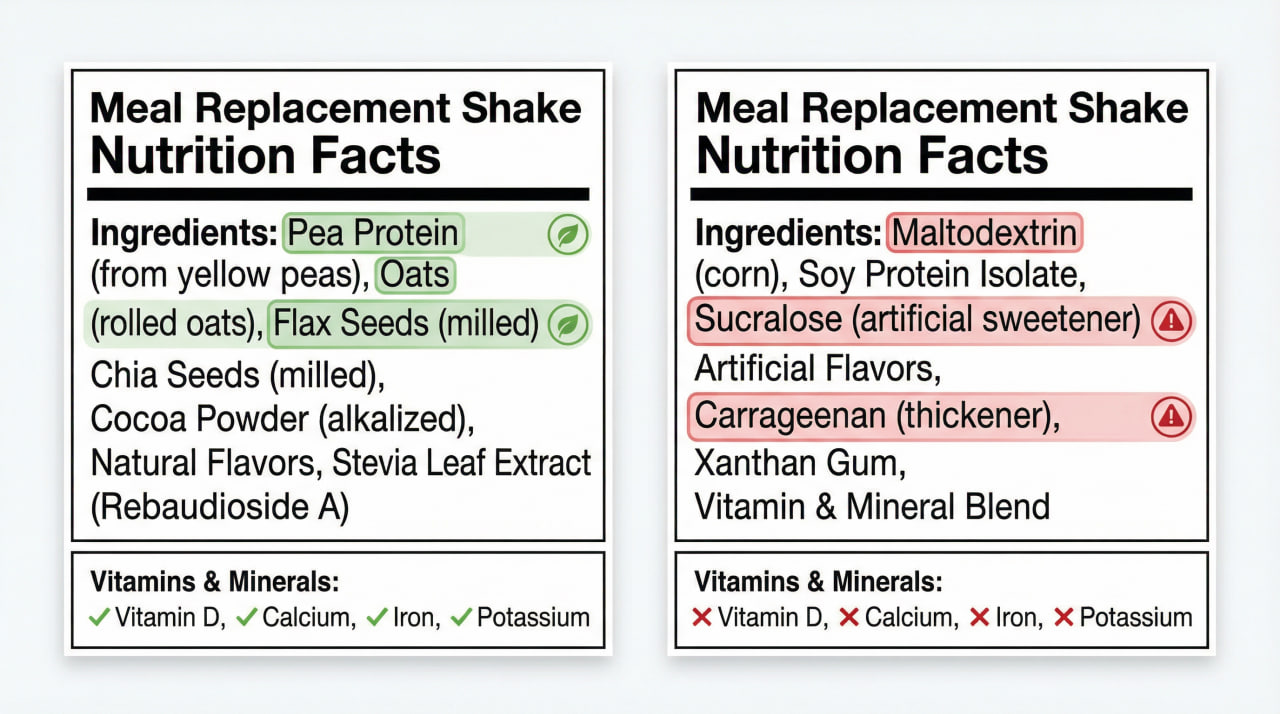 Side-by-side comparison of clean vs. not clean meal replacement nutrition labels: natural ingredients vs. artificial sweeteners and fillers