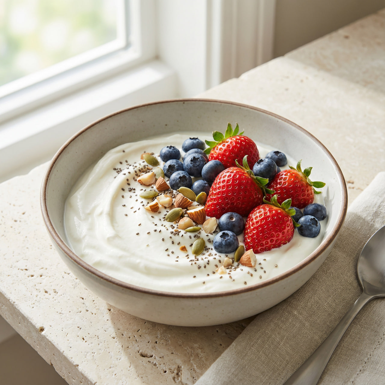 Plain Greek yogurt topped with fresh strawberries, blueberries, almonds, pumpkin seeds, and chia seeds – a creamy, budget-friendly high-protein snack