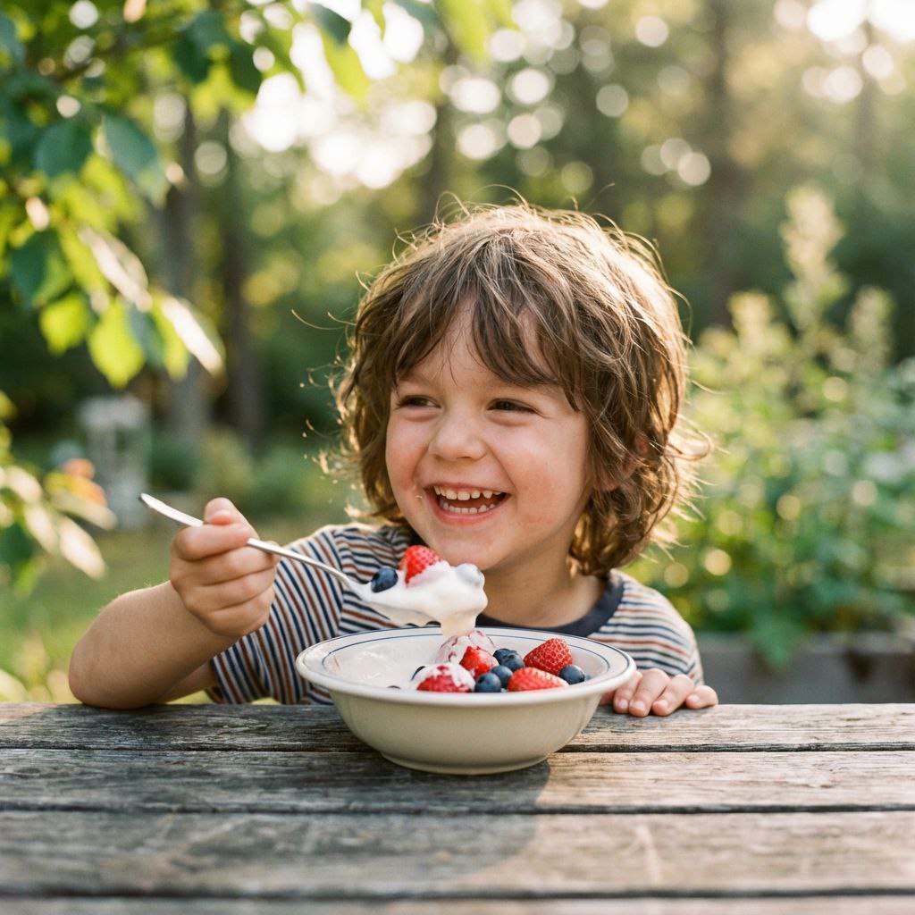 Smiling young child happily eating a bowl of yogurt topped with fresh strawberries and blueberries outdoors – representing joy and healthy protein snacks for kids
