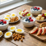 Variety of healthy protein snacks for kids including yogurt with berries, hard-boiled eggs, cheese and fruit skewers, roasted chickpeas, and apple slices with nut butter on a wooden table