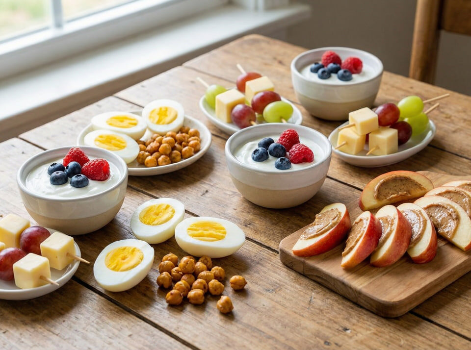 Variety of healthy protein snacks for kids including yogurt with berries, hard-boiled eggs, cheese and fruit skewers, roasted chickpeas, and apple slices with nut butter on a wooden table