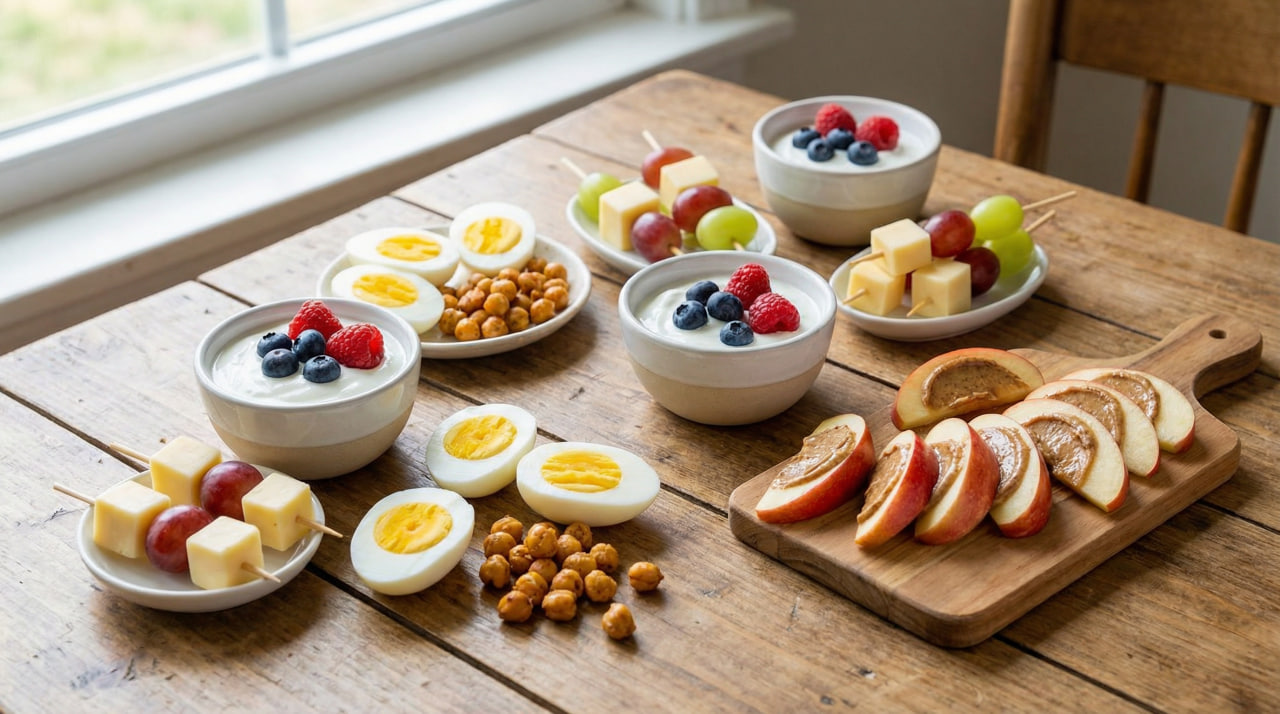 Variety of healthy protein snacks for kids including yogurt with berries, hard-boiled eggs, cheese and fruit skewers, roasted chickpeas, and apple slices with nut butter on a wooden table