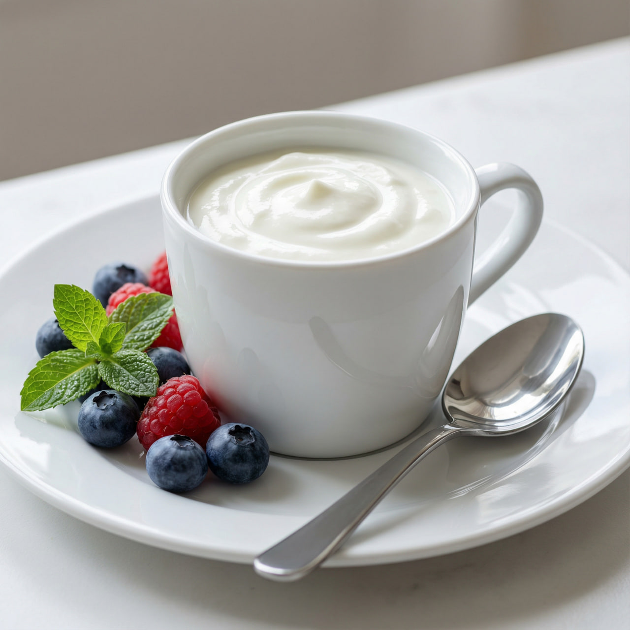 Single-serve plain Greek yogurt in a white cup topped with fresh blueberries, raspberries, and mint leaves, served with a spoon – a creamy high-protein snack under 200 calories