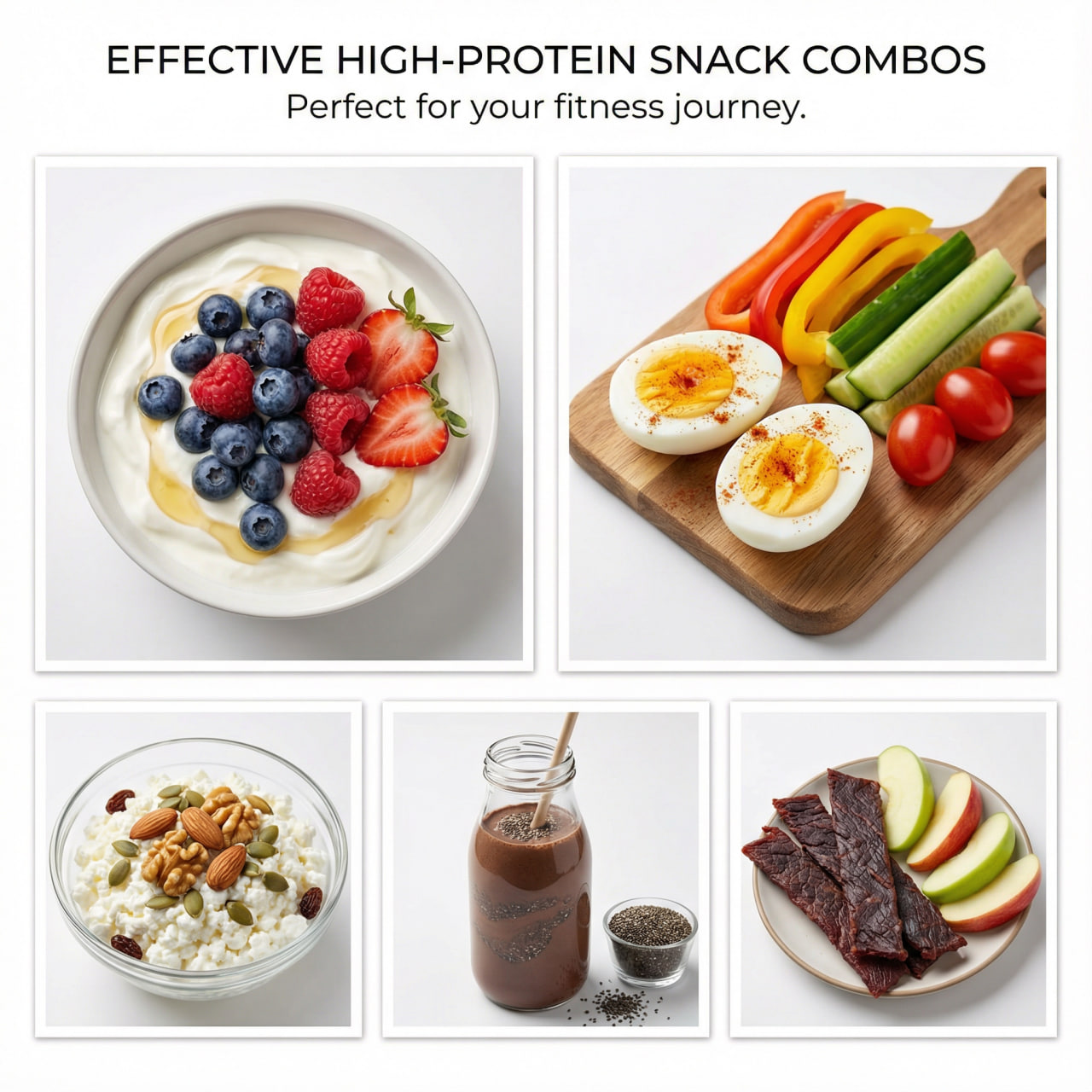 Collage of effective high-protein snack combinations: Greek yogurt with berries, hard-boiled eggs with veggies, cottage cheese with nuts, protein shake with chia seeds, and jerky with apple – ideal for weight loss