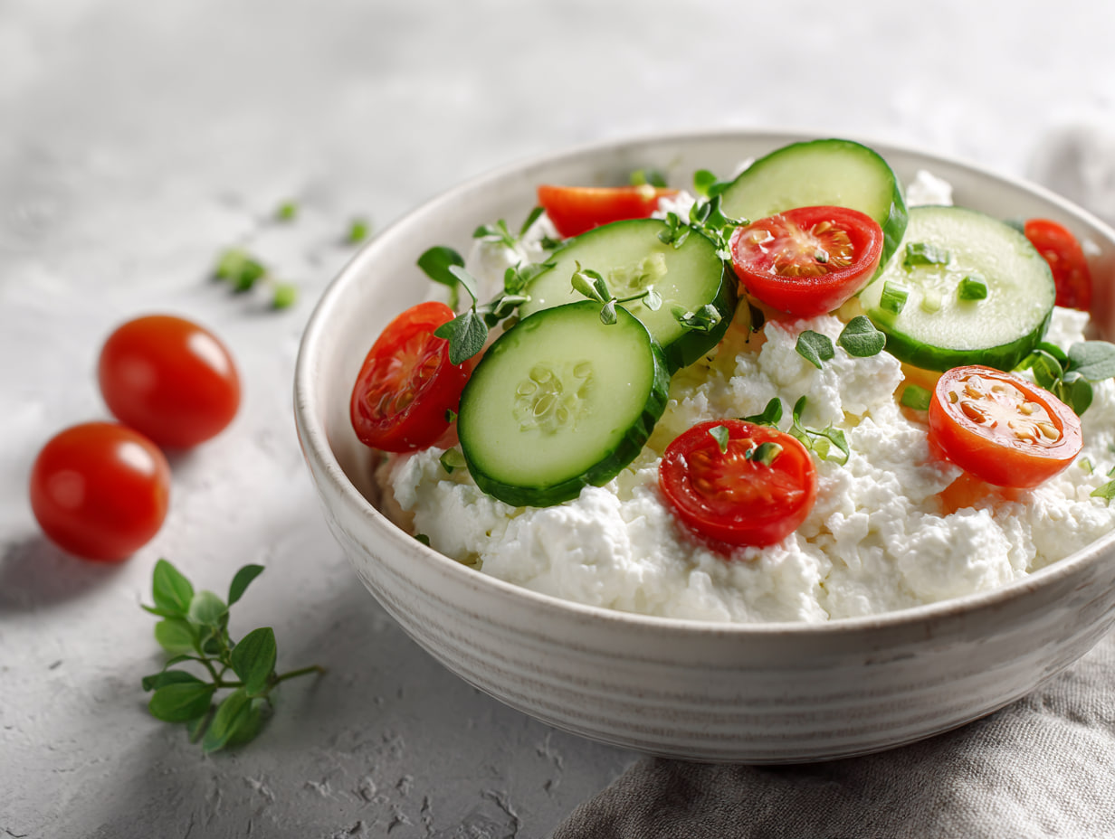 Bowl of low-fat cottage cheese topped with fresh cucumber slices, cherry tomatoes, and herbs – a simple, varied high-protein snack for weight loss and preventing boredom