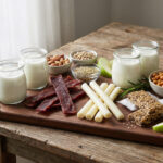 Variety of high-protein snacks under 200 calories including Greek yogurt, beef jerky, string cheese, protein bars, and roasted chickpeas arranged on a wooden board