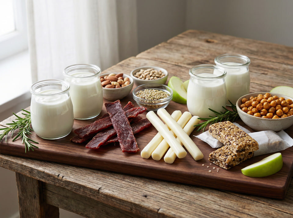 Variety of high-protein snacks under 200 calories including Greek yogurt, beef jerky, string cheese, protein bars, and roasted chickpeas arranged on a wooden board