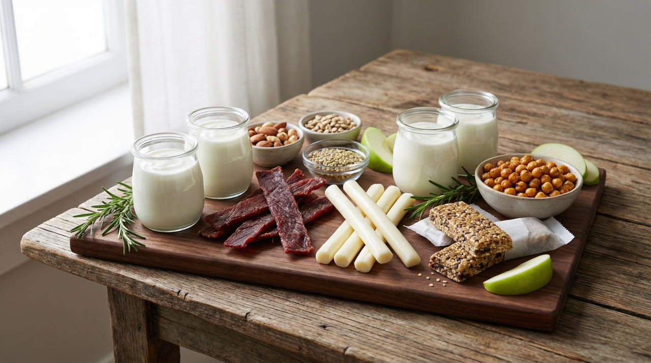 Variety of high-protein snacks under 200 calories including Greek yogurt, beef jerky, string cheese, protein bars, and roasted chickpeas arranged on a wooden board