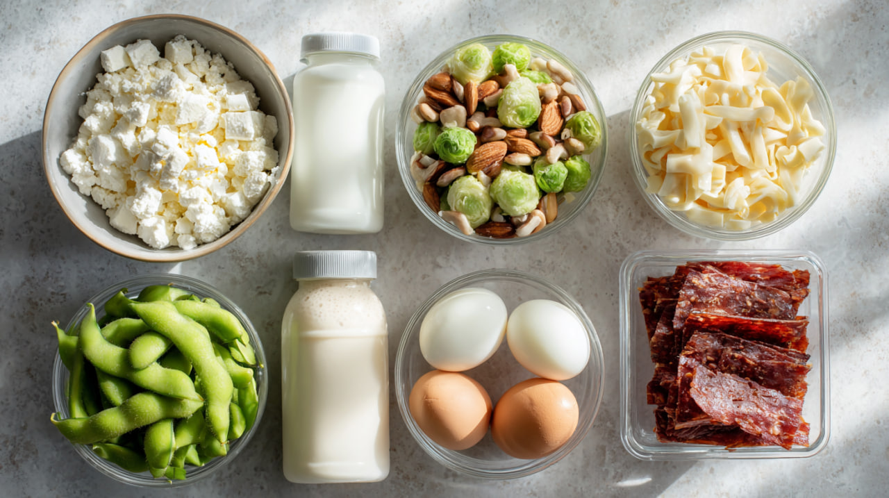 Variety of high-protein snacks arranged beautifully: cottage cheese, hard-boiled eggs, beef jerky, edamame, protein shakes, nuts, and cheese – perfect options for weight loss and staying full