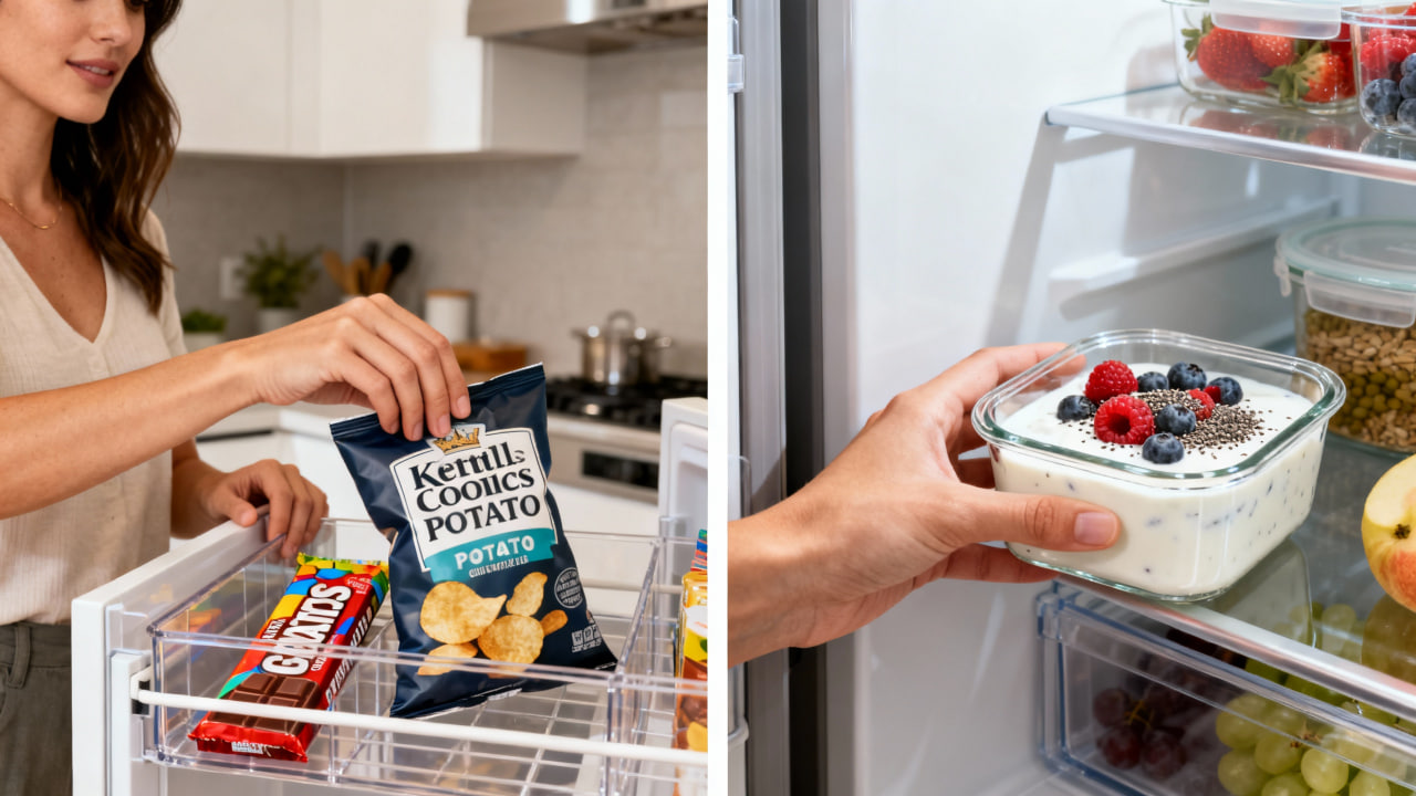 Before and after comparison: Reaching for unhealthy chips and snacks (left) versus choosing a healthy high-protein Greek yogurt with berries and chia seeds (right) – the simple switch that transforms weight loss
