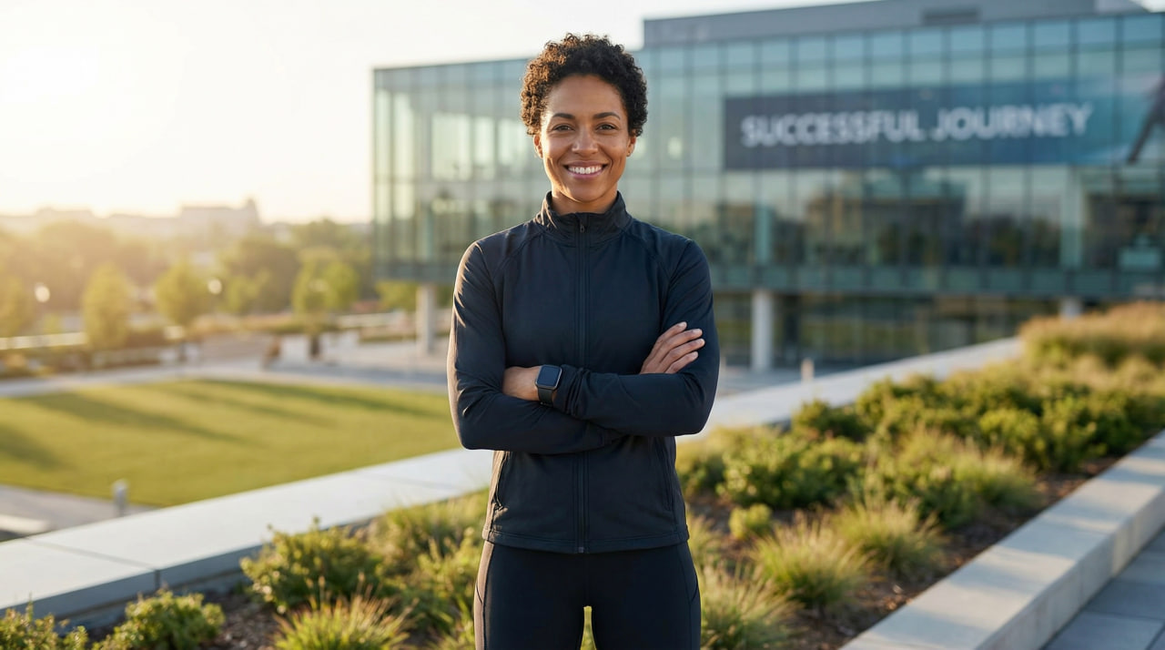 Confident fit woman smiling with arms crossed in athletic wear, standing outdoors – representing the rewarding results of consistent high-protein snacking and successful weight loss