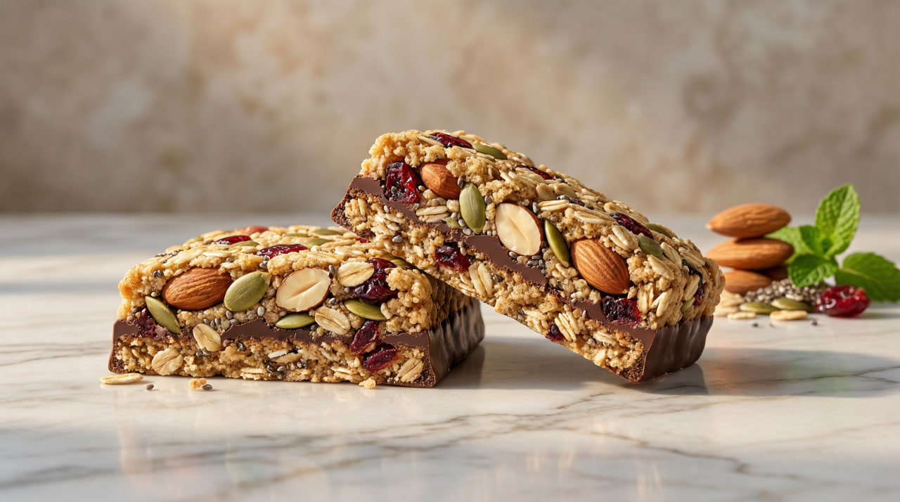 Close-up of a premium protein bar sliced open to reveal real whole-food ingredients like almonds, pumpkin seeds, chia seeds, cranberries, and oats on a chocolate base – the inside of a truly goal-supportive bar