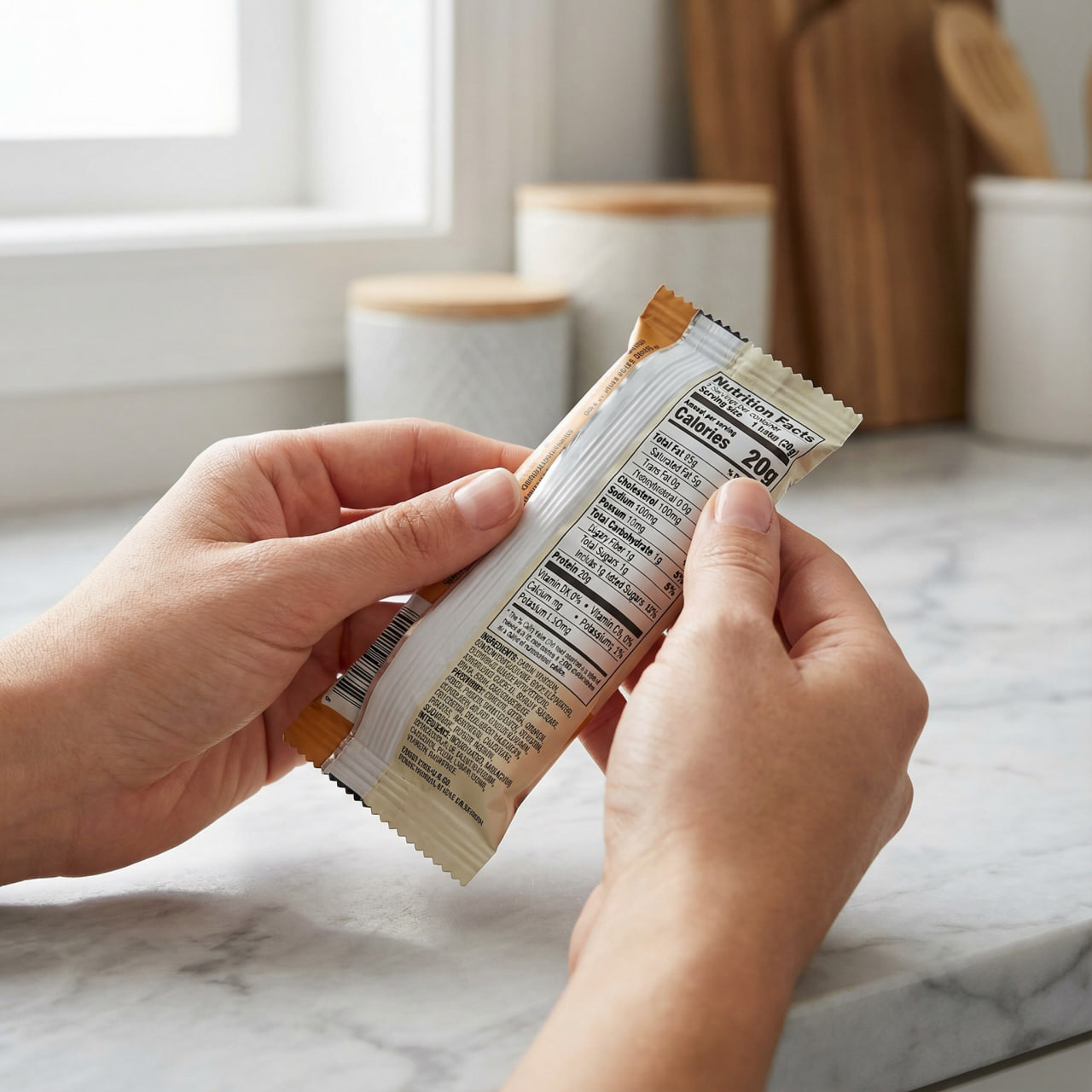 Person carefully reading the nutrition label on a protein bar in a bright kitchen, focusing on calories, protein, sugar, and ingredients – essential skill for choosing the best protein bars