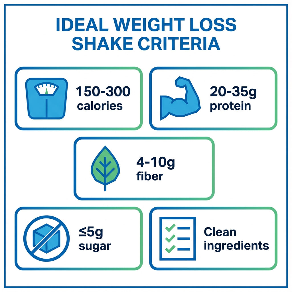 Infographic showing ideal weight loss shake criteria: 150-300 calories, 20-35g protein, 4-10g fiber, ≤5g sugar, and clean ingredients