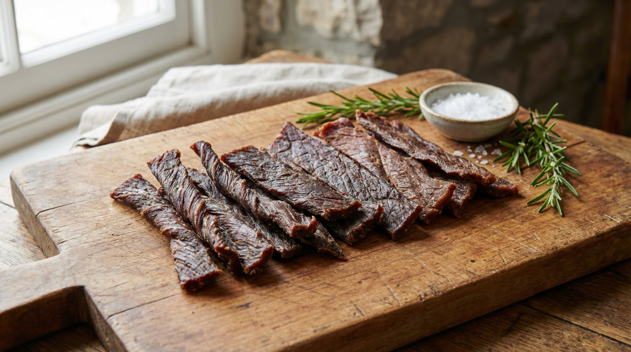 Strips of lean beef jerky arranged on a wooden board with rosemary and sea salt – a portable, sugar-free high-protein snack under 150 calories