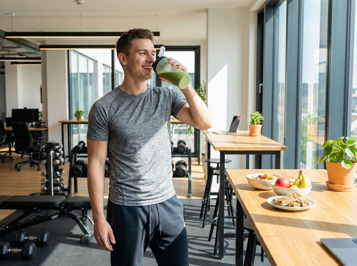Fit young man drinking a green protein shake in a modern gym after workout, smiling and motivated