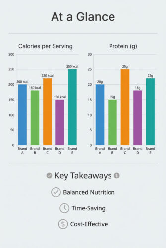 Vertical infographic titled "At a Glance" comparing calories per serving and protein grams across five abstract meal replacement shake brands (A to E) with colored bar charts, ending with key takeaways: balanced nutrition, time-saving, and cost-effective.