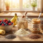 Meal replacement recipe ingredients flatlay on wooden kitchen table: bananas, berries, oats, protein powder, peanut butter, chia seeds, flaxseeds, coffee beans, and white beans
