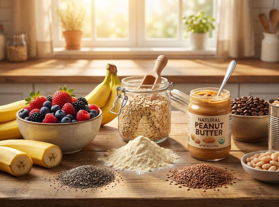 Meal replacement recipe ingredients flatlay on wooden kitchen table: bananas, berries, oats, protein powder, peanut butter, chia seeds, flaxseeds, coffee beans, and white beans