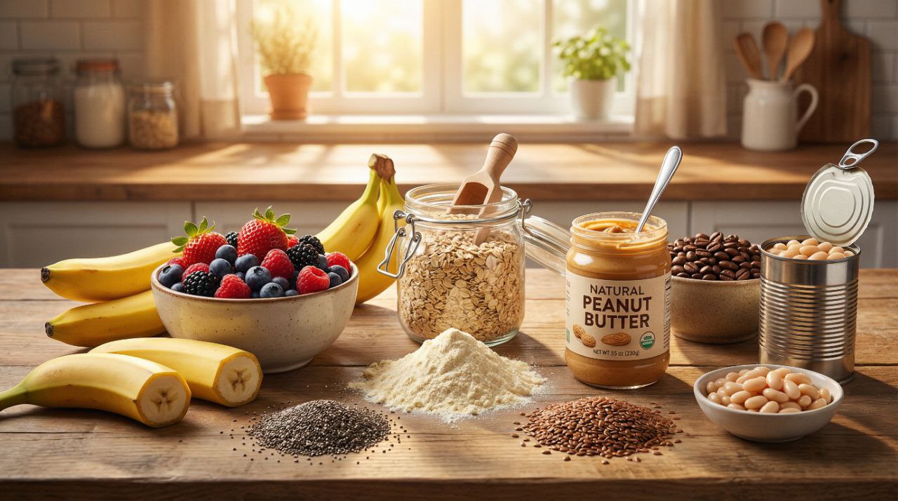 Meal replacement recipe ingredients flatlay on wooden kitchen table: bananas, berries, oats, protein powder, peanut butter, chia seeds, flaxseeds, coffee beans, and white beans