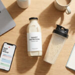 A busy professional workspace with a laptop, smartphone showing a calendar titled "Busy Day Ahead", a bottle of ready-to-drink meal replacement shake labeled "Smart Nutrition - Efficient Fuel", a shaker bottle with powder, coffee mug, and notebook with daily notes.