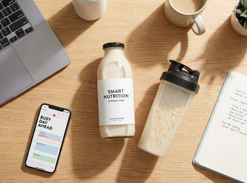 A busy professional workspace with a laptop, smartphone showing a calendar titled "Busy Day Ahead", a bottle of ready-to-drink meal replacement shake labeled "Smart Nutrition - Efficient Fuel", a shaker bottle with powder, coffee mug, and notebook with daily notes.